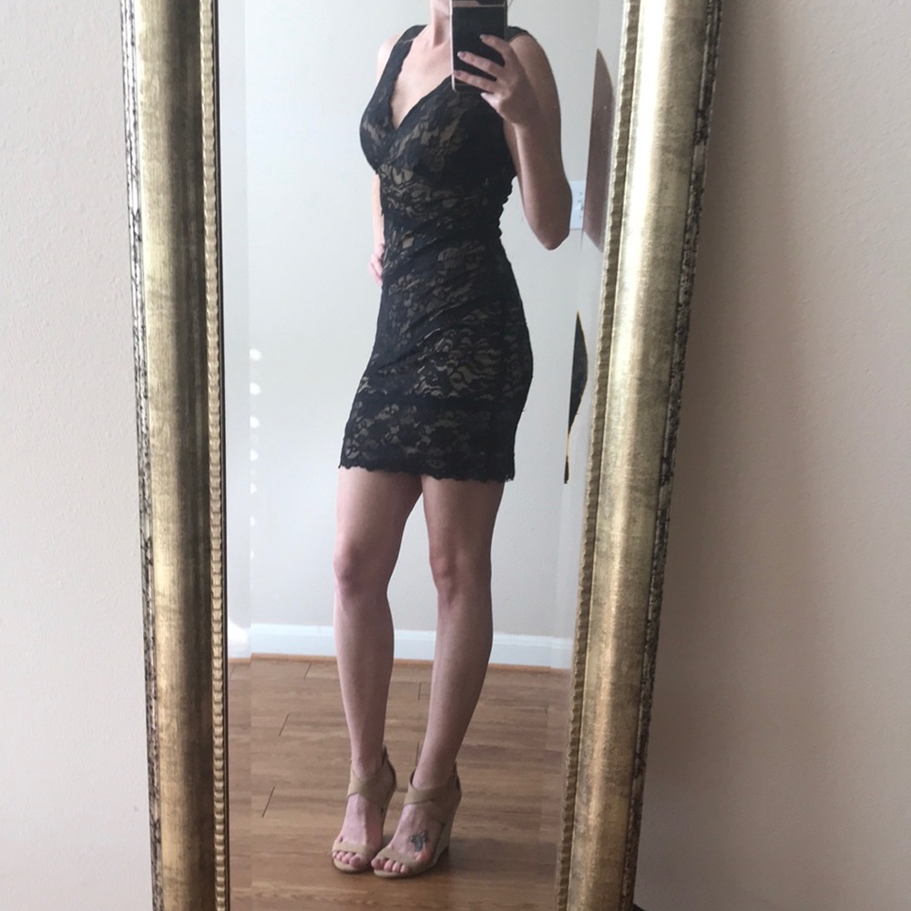 Black lace dress with cream underlay